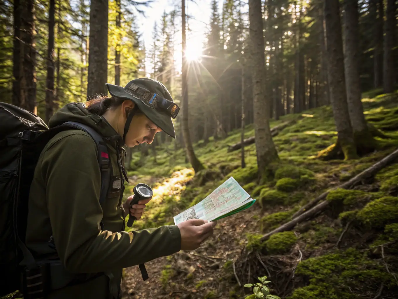 A person using a compass and map in a dense forest, with sunlight filtering through the trees, illustrating the importance of traditional navigation skills.