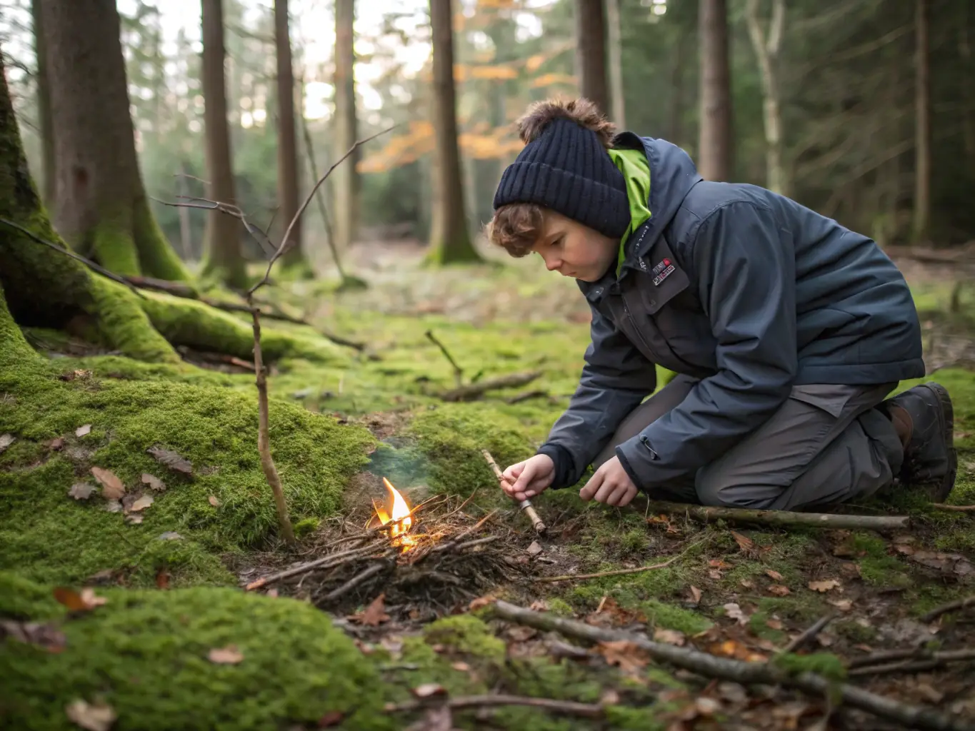 A close-up shot of hands skillfully creating a friction fire using a bow drill method in a forest setting, emphasizing the focus and technique required for successful fire-making.