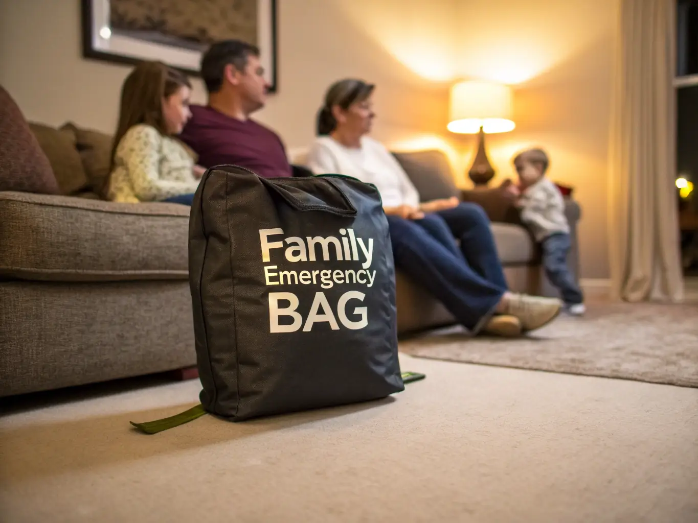 A digital illustration depicting a family preparing a disaster preparedness kit together in their home, with various emergency supplies visible around them.
