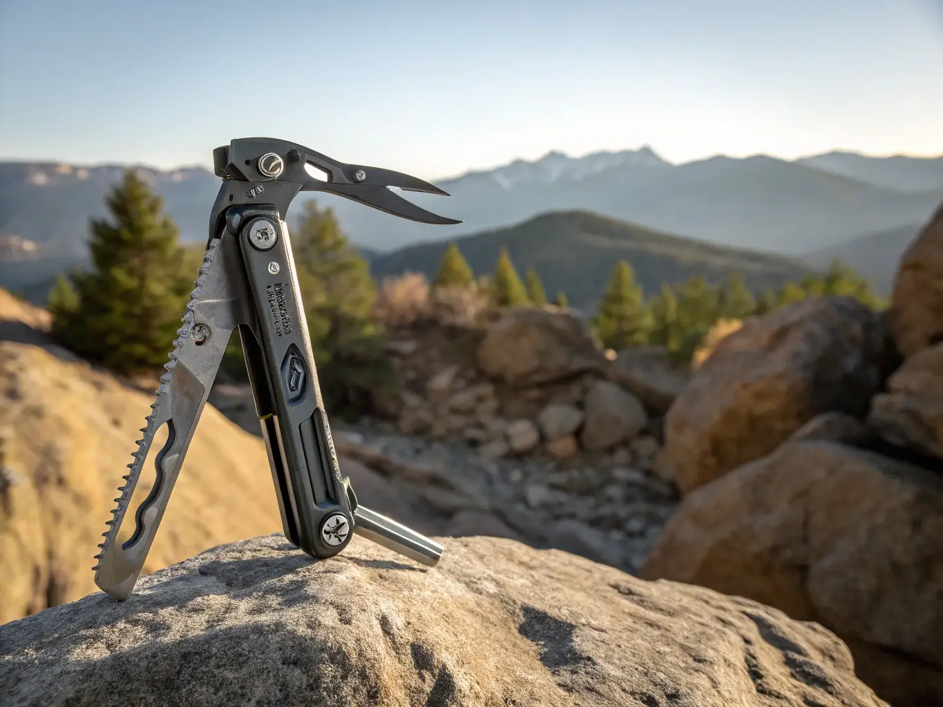 A clear, professional photograph of a multi-tool, highlighting its various functions and durable construction, placed on a wooden surface to convey its ruggedness and utility.